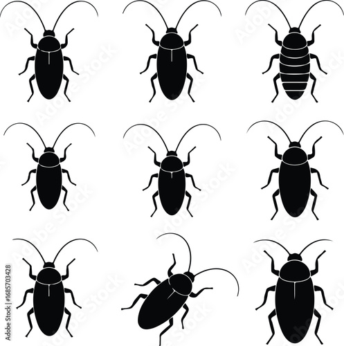 Cockroach Insect Black Silhouette Icon Vector Set Pest Control Cockroach Silhouette Design Symbol Collection