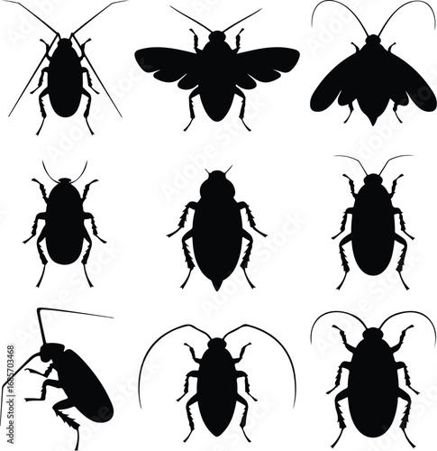 Cockroach Insect Black Silhouette Icon Vector Set Pest Control Cockroach Silhouette Design Symbol Collection