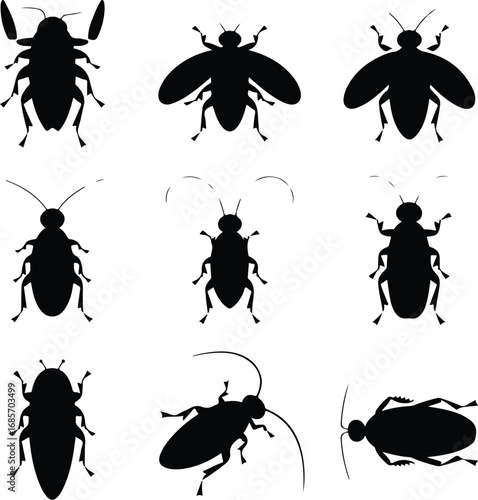 Cockroach Insect Black Silhouette Icon Vector Set Pest Control Cockroach Silhouette Design Symbol Collection