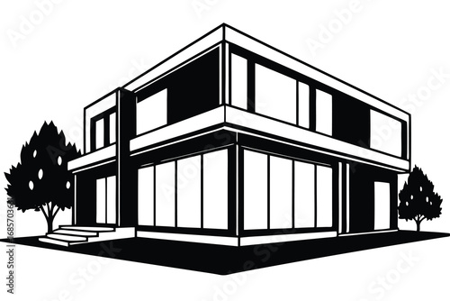 Minimalist Black and White Illustration of Contemporary House with Trees