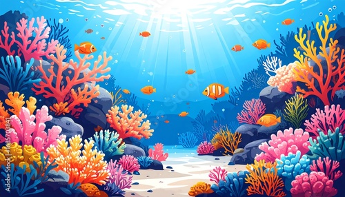 Fototapeta Naklejka Na Ścianę i Meble -  A vibrant cartoon depiction of a coral reef teeming with colorful fish and various coral types