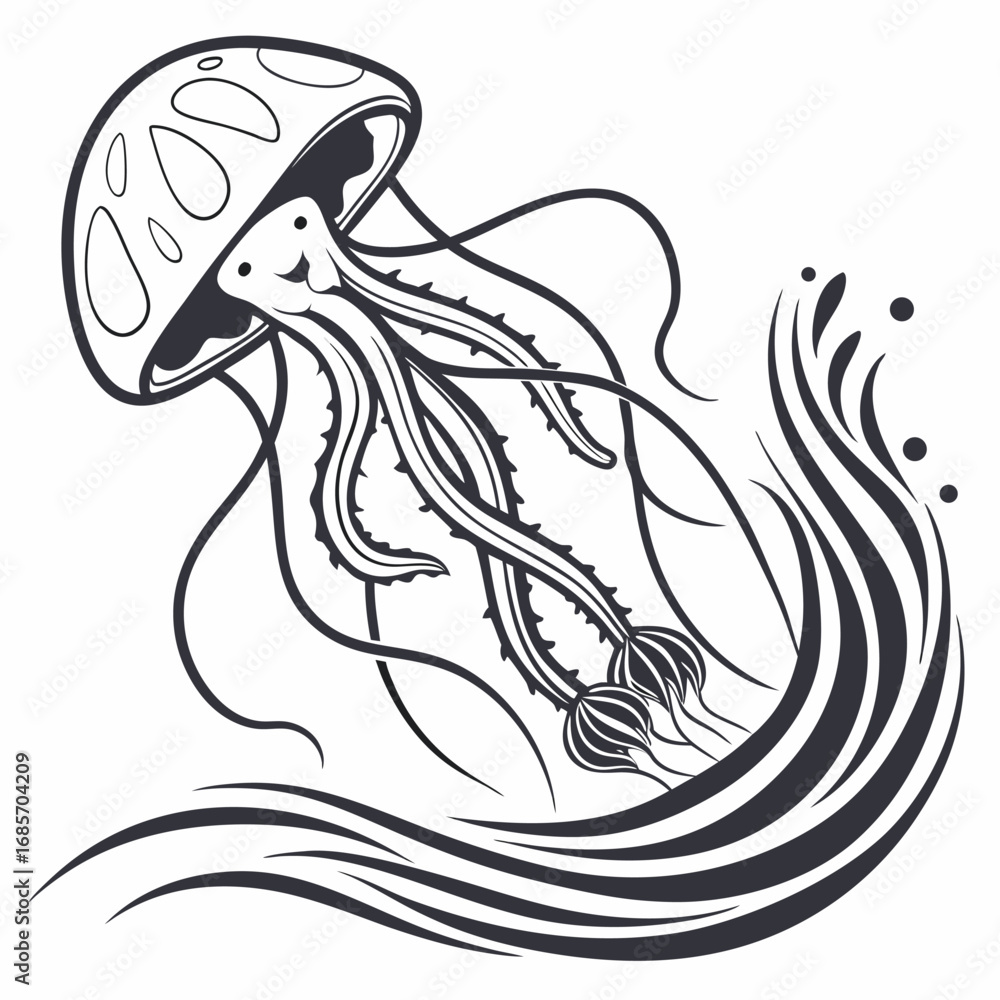 Fototapeta premium Stylized jellyfish swimming through waves sea creature