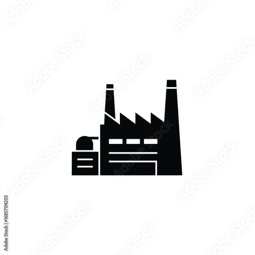 Black factory icon with two smokestacks and attached buildings