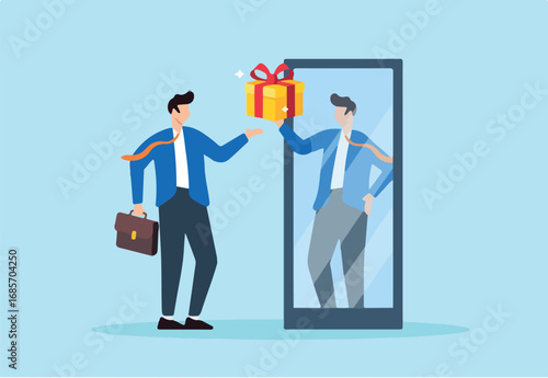 Flat illustration of businessman in mirror give reward to himself self motivation success celebrating personal goal