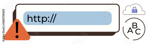 Browser bar with an alert triangle and a lock in a cloud icon. Warning and safety emphasis. Ideal for cybersecurity, online safety, web browsing, phishing, alerts, data protection, simple flat