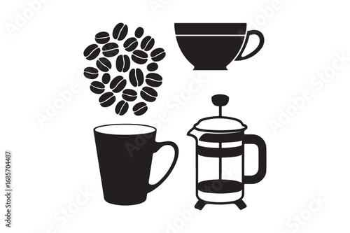 Coffee icons featuring beans cup french press and mug