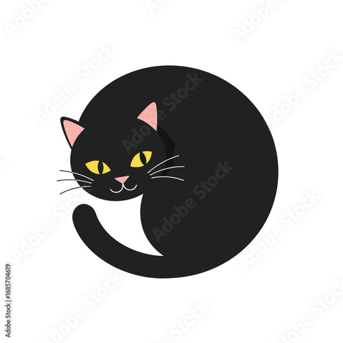 Stylized black cat curled up in a circle on a white background