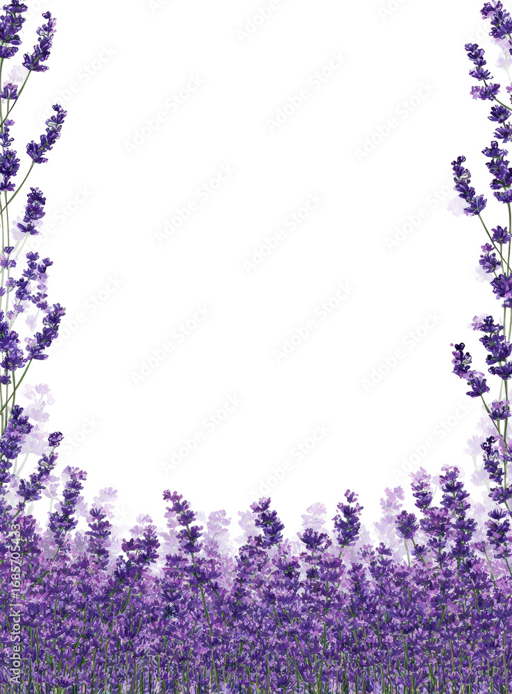 Naklejka premium Lavender border frame on black background. Purple flowers fill the bottom and sides of a vertical frame, creating a floral border around a black center