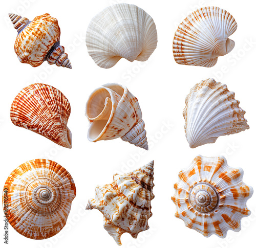 seashells, transparent background, png file with separate images of each shell.