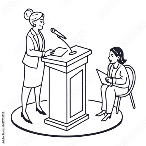 Dynamic businesswoman delivering a presentation at a podium with engaged audience member present