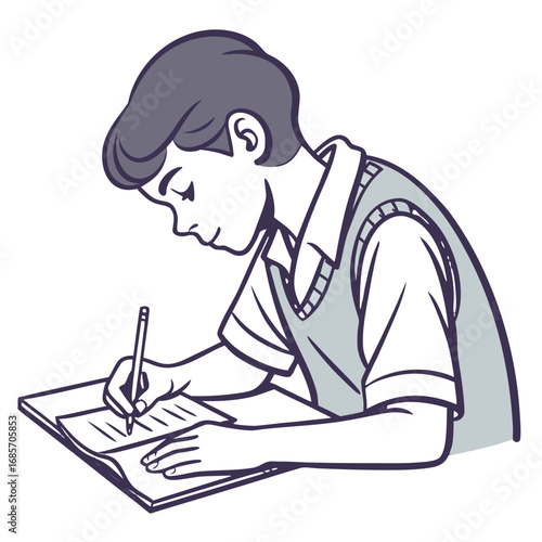 Focused student diligently writing in notebook for school project or test preparation success
