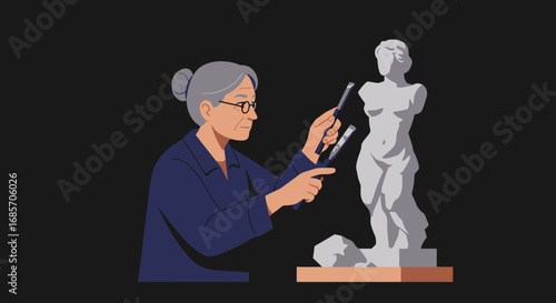 An elderly sculptor works on a classical statue with chisels against a black background