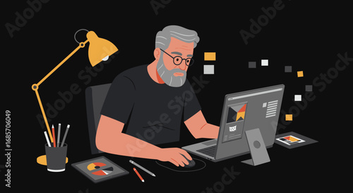 An older man with glasses  gray hair works at a computer desk lamp  graphic tools surround him on dark background
