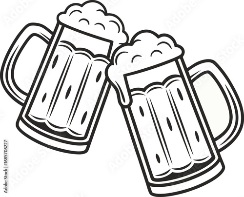 Two beer mugs toasting with frothy beer
