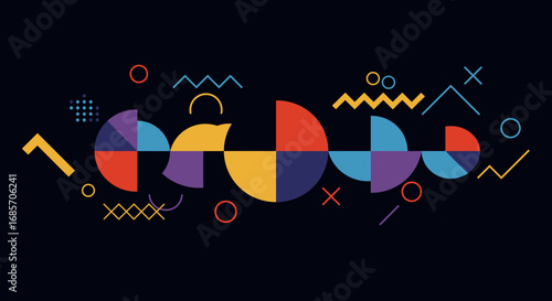 Geometric shapes arrayed in a colorful abstract pattern against a dark blue background