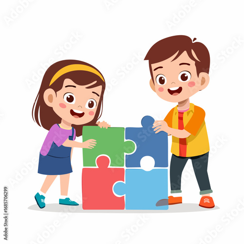 Two happy children collaborating to connect puzzle pieces, fostering teamwork and problem-solving skills in a playful educational setting