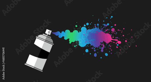 Spray can shooting rainbow colored paint resulting in a dynamic splash of color on black background