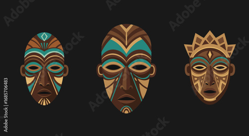 Three African masks are displayed against a black background