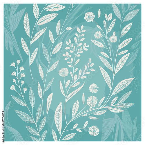 Gentle Botanicals" showcases a soft, hand-drawn floral pattern with delicate leaves and flowers in white, set against a soothing teal background. The organic, flowing lines evoke a sense.