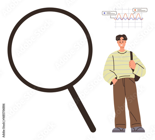 Young man with a backpack standing near a large magnifying glass and a graph displaying data trends. Ideal for research, analysis, problem-solving, overview, inspection, education, simplicity. A