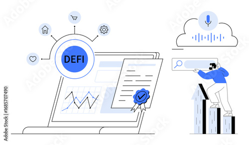 Laptop with DeFi application, analytics, verified document, growth graph, and cloud voice assistant. Ideal for finance, technology, innovation, blockchain automation data processing digital