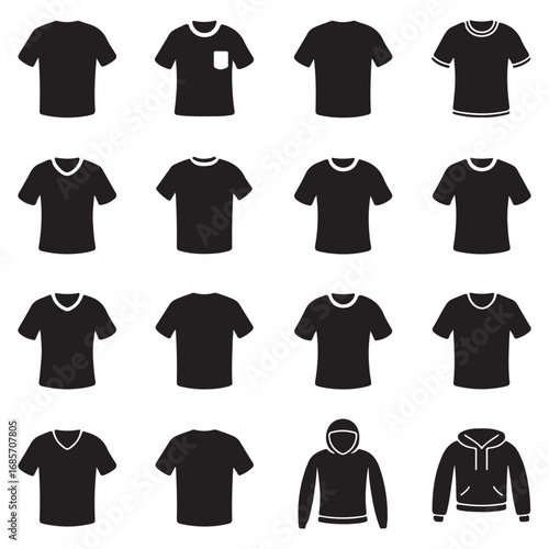 Collection of diverse black t shirt and hoodie styles with various necklines and pocket designs displayed in a grid layout