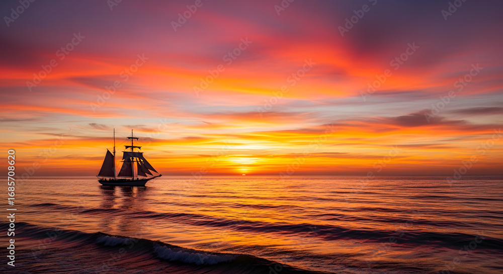 Fototapeta premium Vintage sailing ship silhouettes against a vibrant tropical sunset seascape