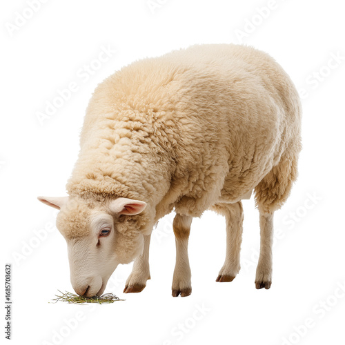 A fluffy sheep grazing calmly isolated on a plain background for a clean visual.