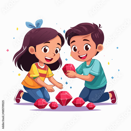 Two happy children playing with shiny red gemstones, enjoying a fun and educational activity together