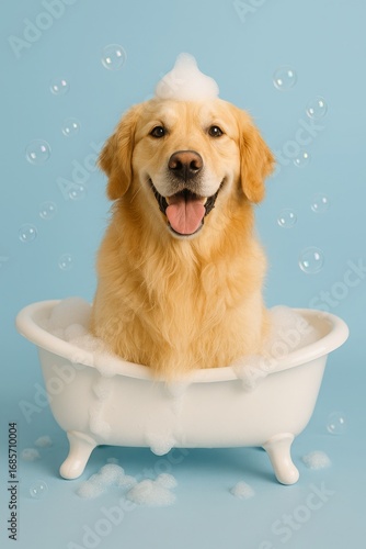 Un hermoso Golden Retriever adulto, con su pelaje dorado, está sentado dentro de una tina de baño blanca, rodeado de espuma y burbujas. El perro muestra una expresión de pura felicidad.