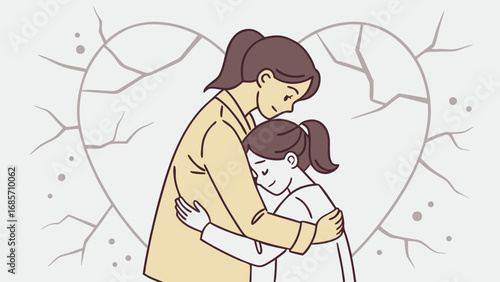 Mother Hugging Daughter – Vector Illustration of Emotional Support, Protection , peace and Family Love Awareness