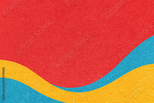 Textured red paper background with turquoise and yellow wavy lines and waves, copy space for banner, presentation