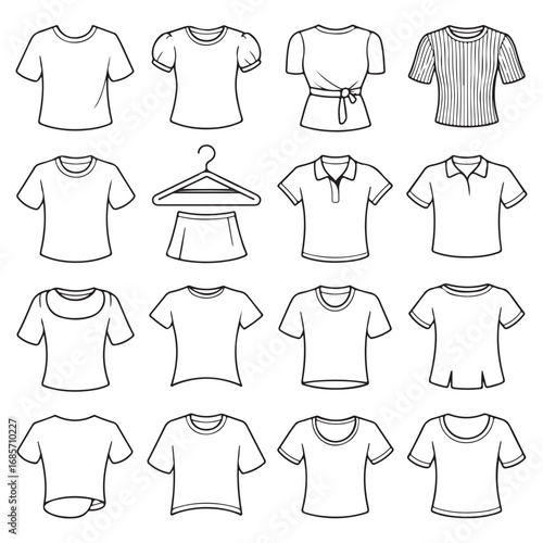 Collection of hand drawn sketch style t shirt designs for women and men featuring various necklines and sleeve styles