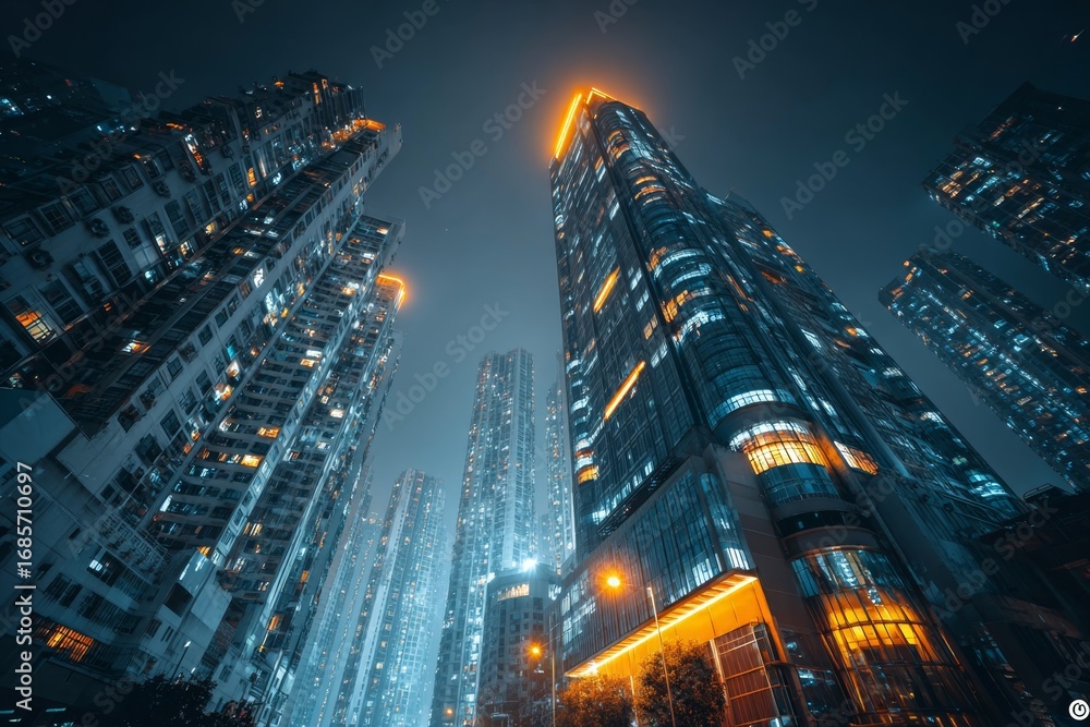 Fototapeta premium Futuristic high-rise buildings glowing at night under deep blue sky.