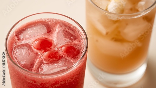 Wallpaper Mural Chilled Beverages. Red Infusion with Ice and Spheres, Amber Liquid Delight Nearby. Torontodigital.ca