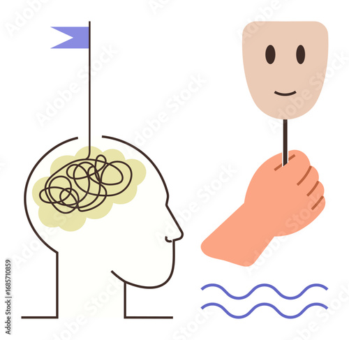 Human head with tangled thoughts and hand holding a smiling mask, illustrating mental distress, emotional resilience, authentic self, mental health awareness, problem-solving, positivity, simple flat