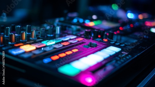 Wallpaper Mural Colorful DJ mixer with glowing buttons and knobs in nightclub lighting setup. Torontodigital.ca