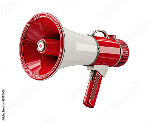 A red and white vintage-style megaphone, angled to the right,