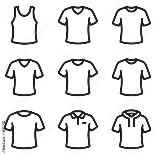 Collection of nine hand drawn outline icons representing different styles of t shirts and tops for men and women