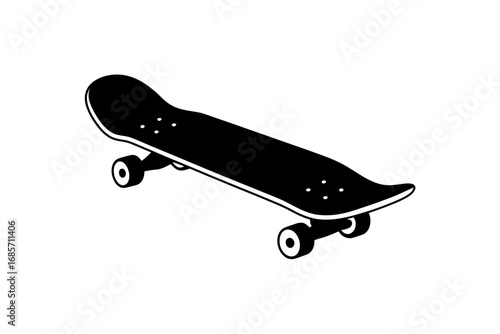 A black and white vector illustration of a skateboard on a plain background, showcasing minimalist design and leisure activity.