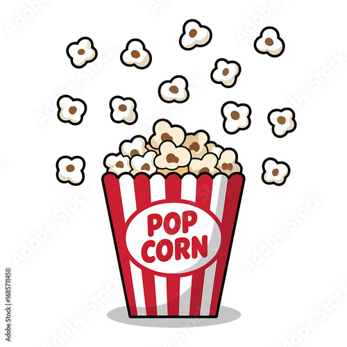 Delicious Popcorn Delight Vector Illustration of a Red and White Striped Popcorn Container with Floating Kernels