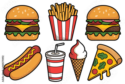 Colorful Fast Food Icons Burgers, Fries, Hot Dog, Soda, Ice Cream and Pizza Slice Vector Illustration