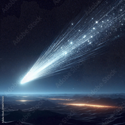 Dramatic comet soaring through the night sky above mountains with a glowing landscape in the background