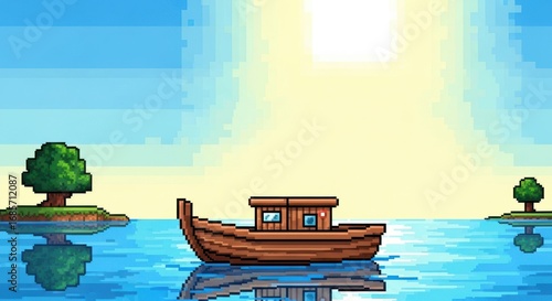 Pixelated serenity: boat amidst tranquil isles under sunlit skies in retro style