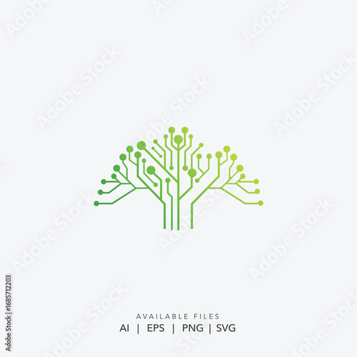 Modern digital tree logo with a circuit network, Green technology data and growth symbol, Abstract corporate identity for eco and IT solutions