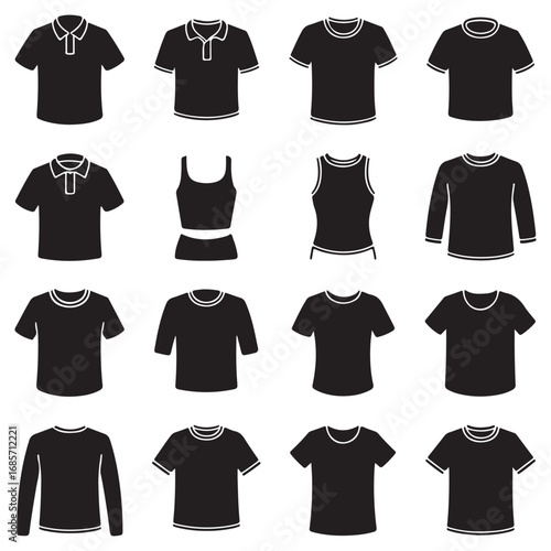 Collection of various black t shirts and polo shirts displayed in a grid for fashion design and apparel concepts