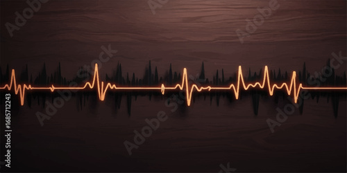 A medical ecg cardiogram graph shows a blue pulse line on a black monitor, illustrating a healthy heartbeat wave