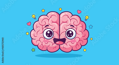 Cute happy cartoon brain character with big eyes.