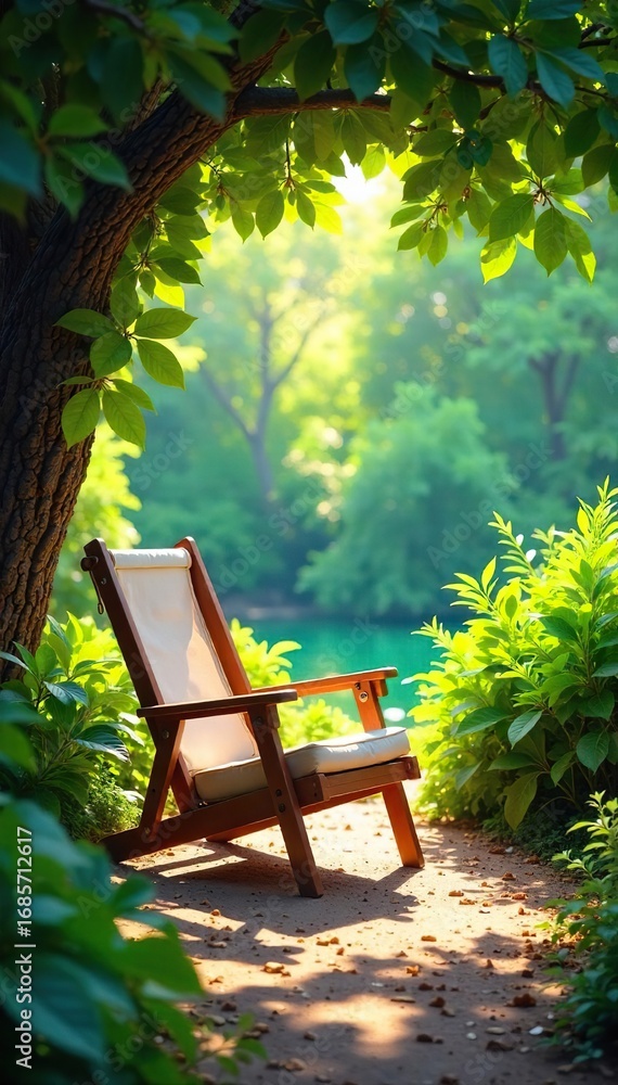 Obraz premium Relaxing view of a deck chair surrounded by lush greenery, sunlight dappling through leaves Perfect for travel, vacation, or summer themes , sunshine, serene