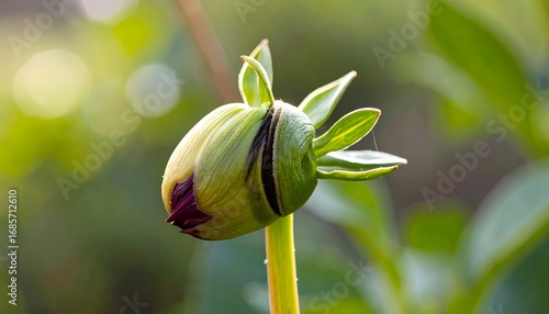 A close-up of a dahlia bud, showing its tightly furled petals and vibrant color